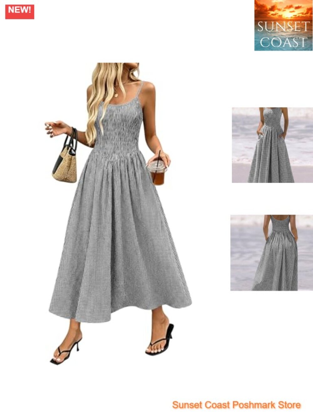 Casual Plaid Sleeveless Midi Sundress, Smocked Tiered with Pockets